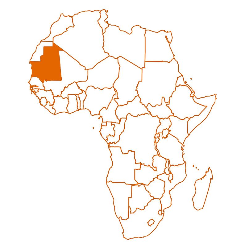 Eine Grafik von Afrika mit Länderumrissen. Markiert ist Mauretanien.
