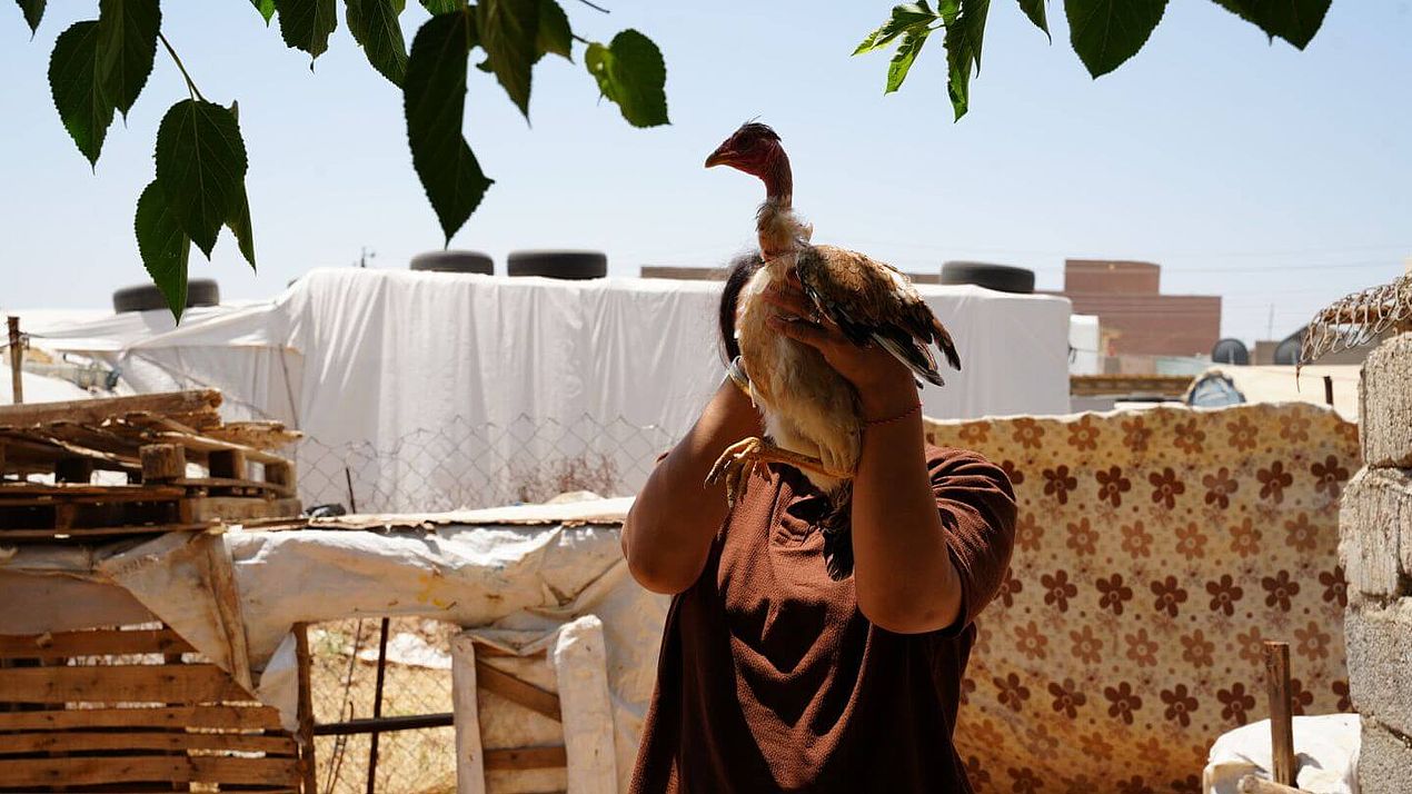 Marwa mit Huhn Marwa mit einem ihrer Huehner.