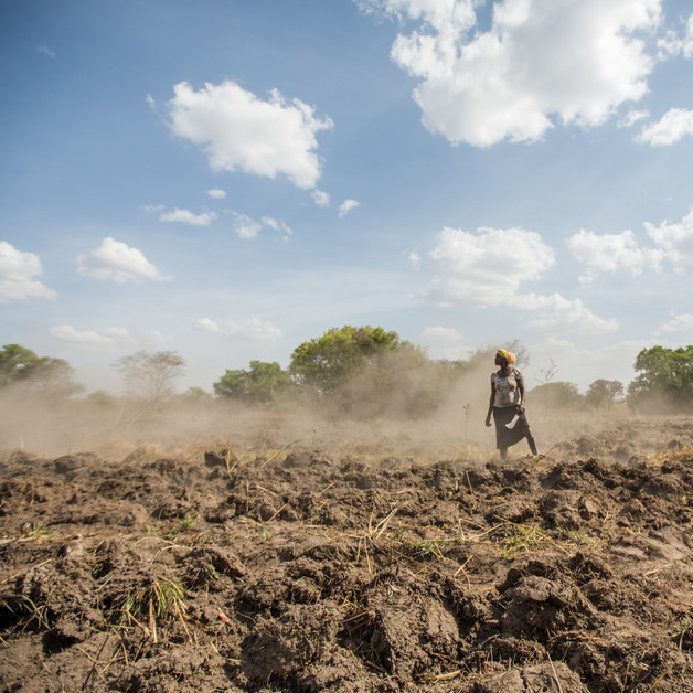 Eine Frau steht im Staub auf einem ausgetrockneten Feld